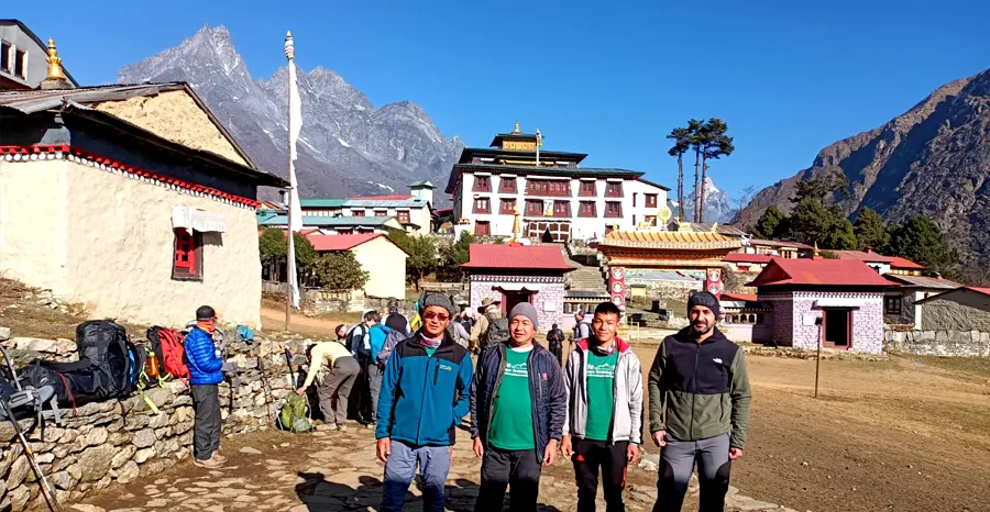 Our team with guests in front of Tengboche Monastery