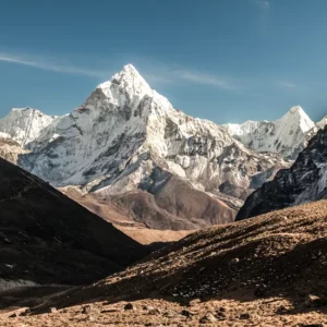 Ama dablam mountain. sun illuminates slopes. himalayan mountains, nepal.