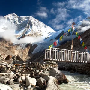 Makalu Expedition 1 Mount makalu with clouds, vooden bridge and river, nepal himalayas mountains, barun valley