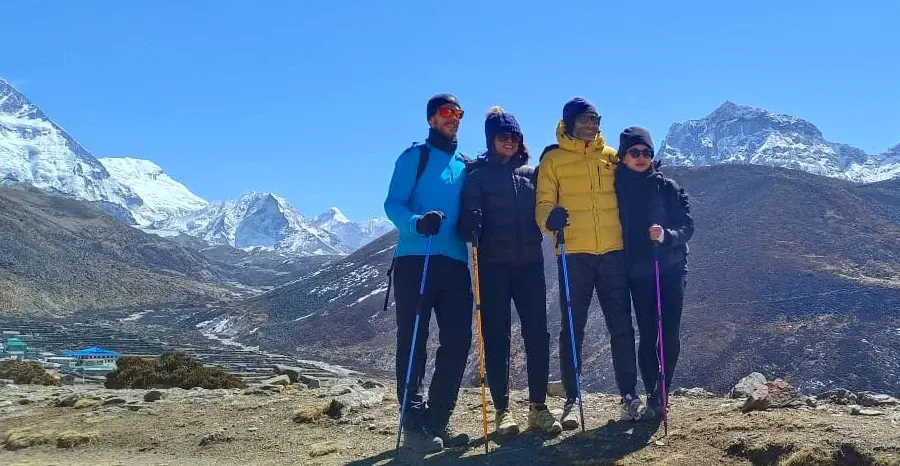 Our guests at Dingboche with Island Peak in the background