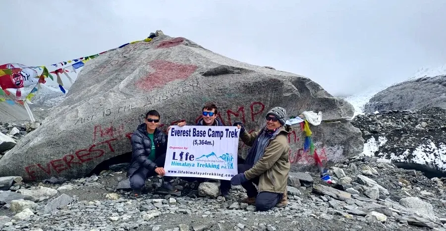 Beginner Trekkers posing at Everest Base Camp